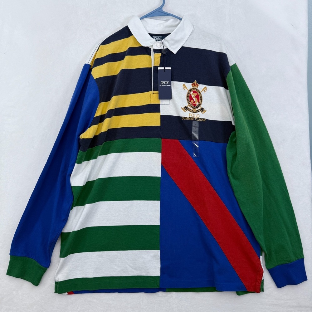 Polo Ralph Lauren Polo Shirt Mens XL Multicolor Patchwork Crest Rugby Preppy